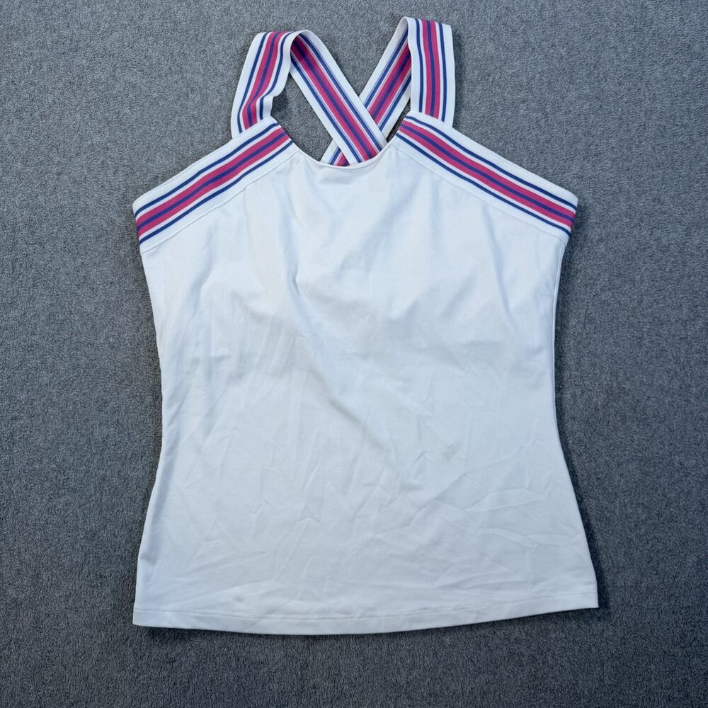 BCG Women's Small White Criss Cross Back Activewear Tank Top Striped Pink Blue